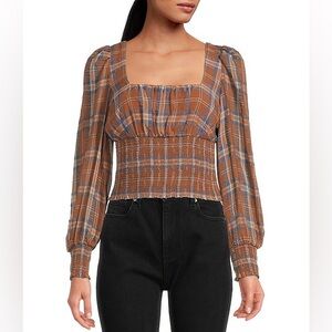 GIANNI BINI Faye Plaid Smocked Square Neck Long Sleeve Woven Blouse Size 12